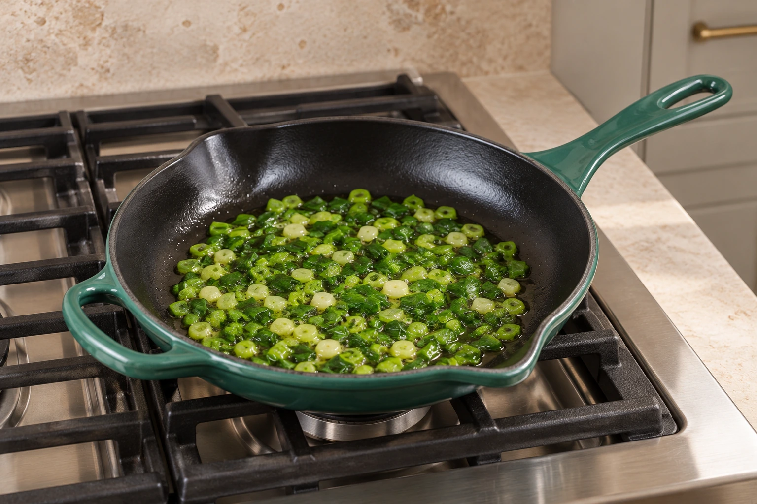 Softened green onion tops in an Artichaut skillet with black enamel interior