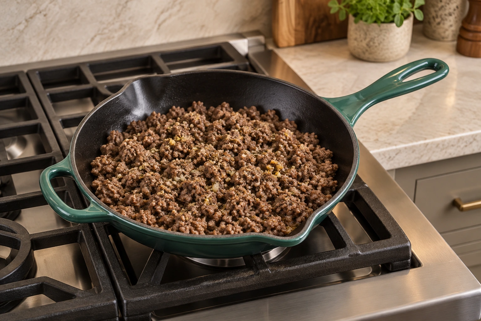 Cooked Greek-seasoned ground beef with butter and lemon rind in an Artichaut skillet with black enamel interior