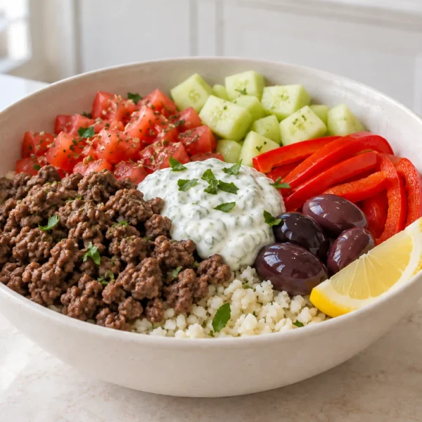 Greek ground beef bowl with cauliflower rice, peeled cucumber, peppers, olives, lemon, and cultured mint sauce