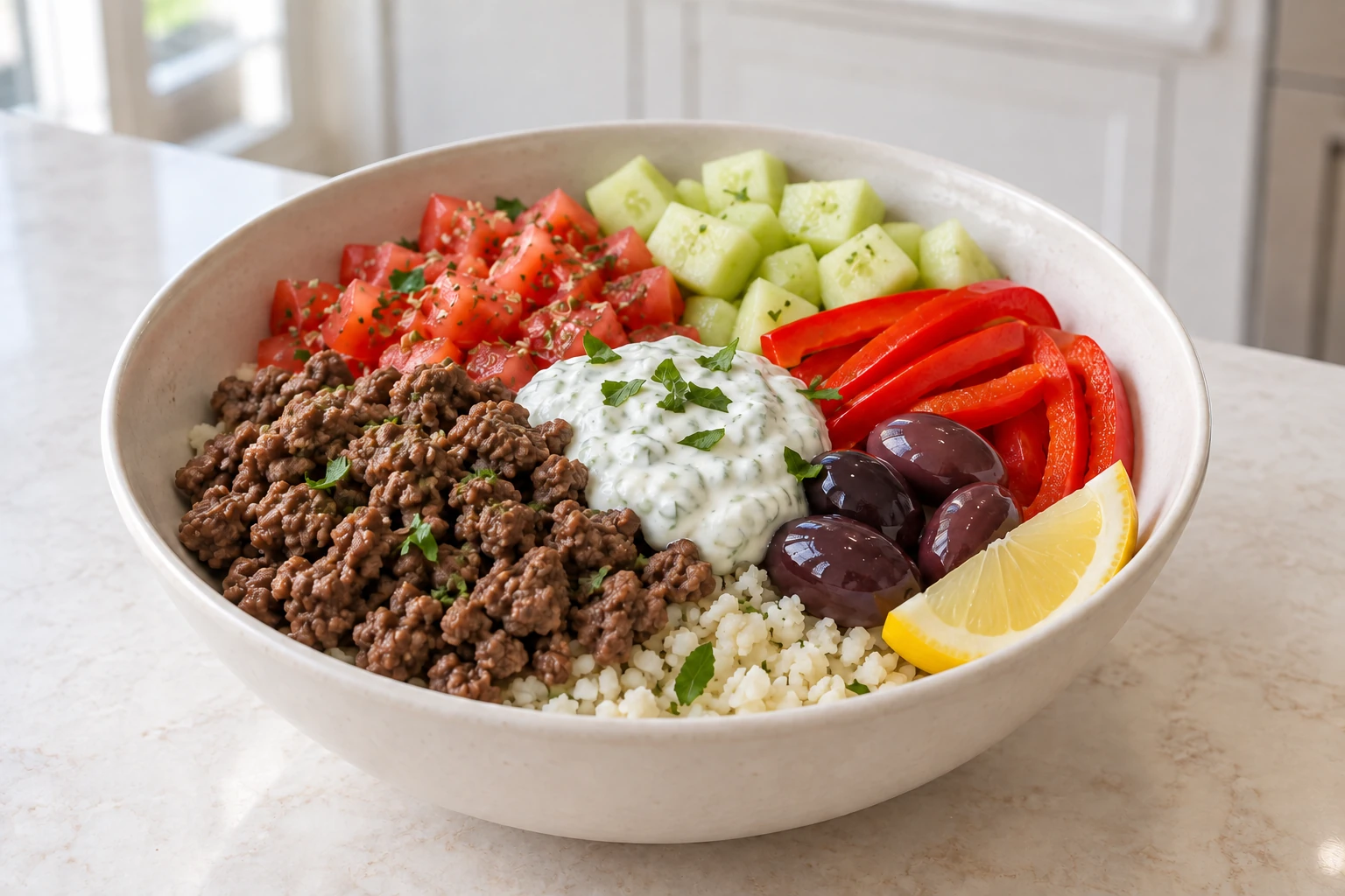 Greek ground beef bowl with cauliflower rice, peeled cucumber, peppers, olives, lemon, and cultured mint sauce