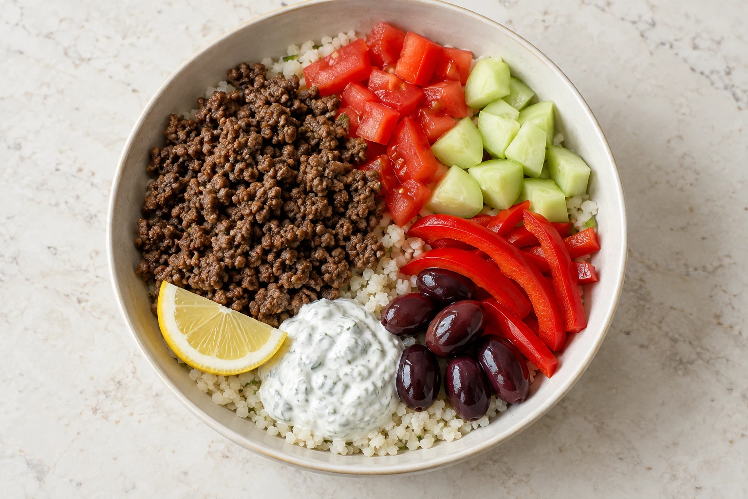 Overhead Greek ground beef bowl with cauliflower rice, vegetables, olives, and mint sauce