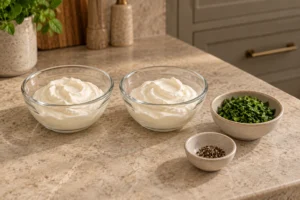 Two equal half-cups of cultured sour cream with measured spearmint and black pepper in the WFLI kitchen
