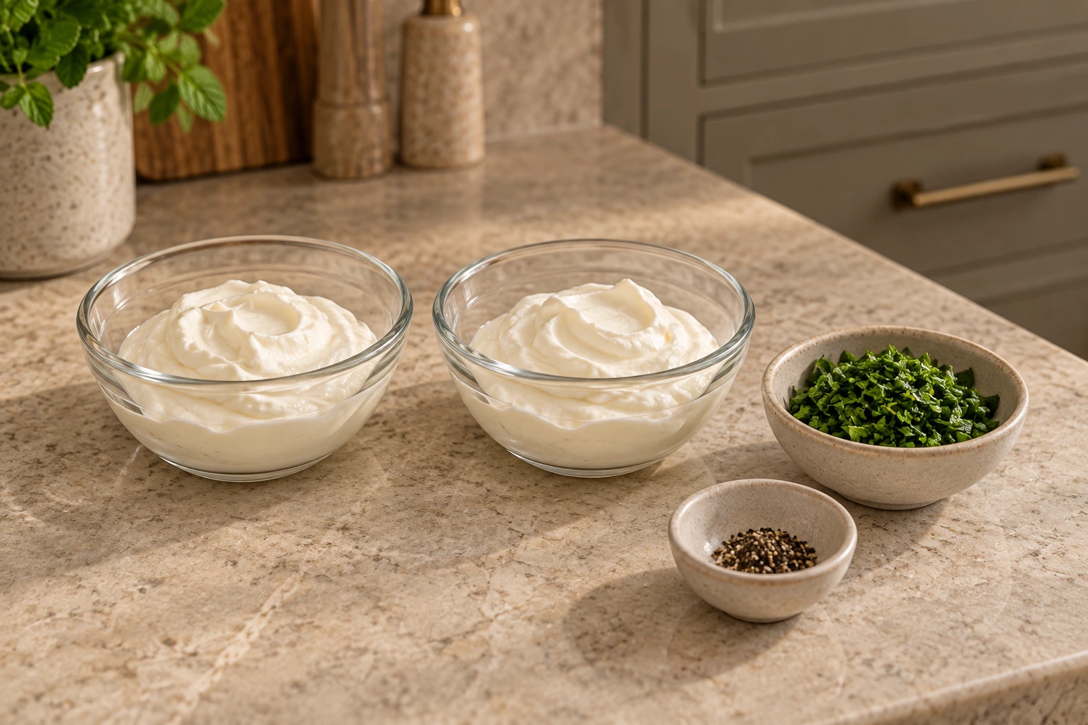 Two equal half-cups of cultured sour cream with measured spearmint and black pepper in the WFLI kitchen