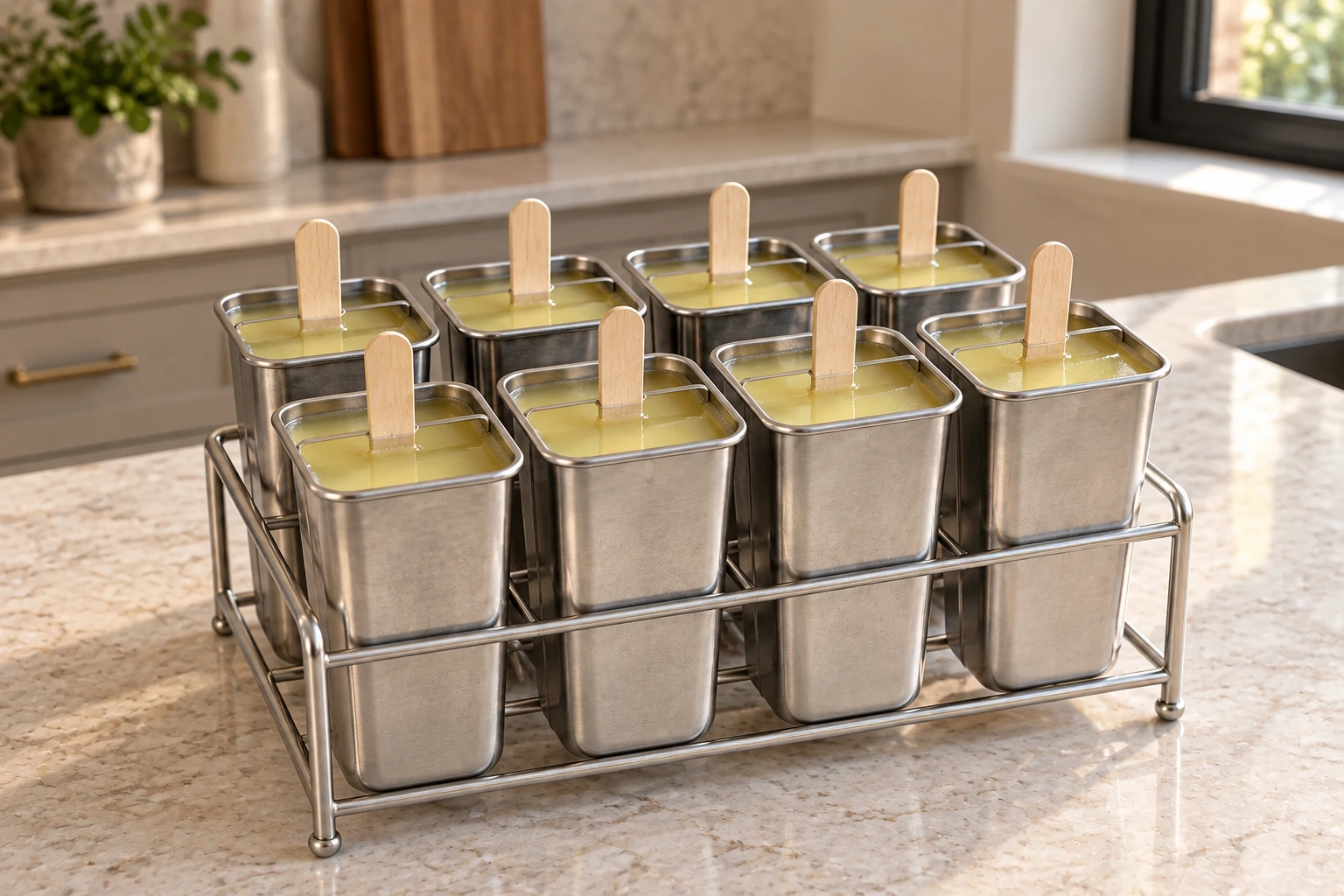 Eight stainless-steel popsicle molds filled with lemon grape mixture in a supported rack