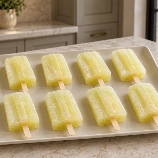 Eight lemon grape popsicles in two rows on a cream platter in the WFLI kitchen