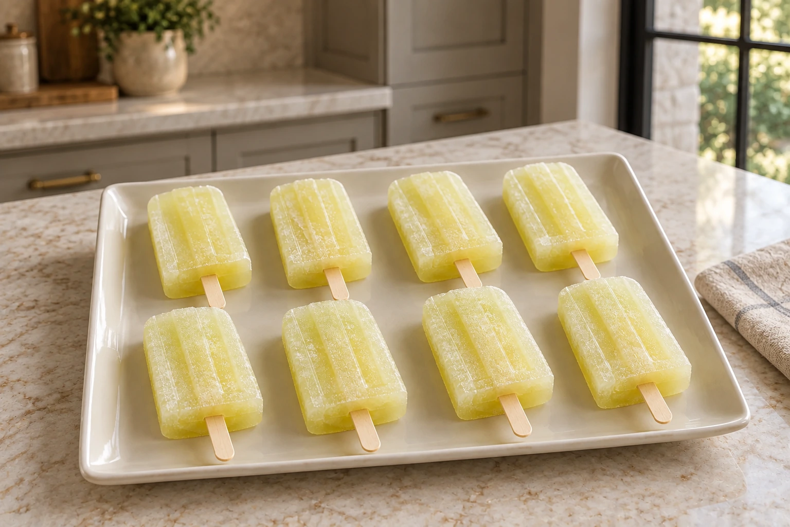 Eight lemon grape popsicles in two rows on a cream platter in the WFLI kitchen