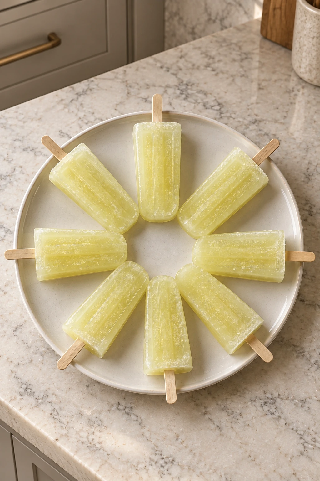 Eight lemon grape popsicles arranged in a circle on a cream plate