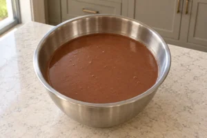 Smooth blended chocolate coconut-milk ice-cream base resting in a stainless-steel bowl