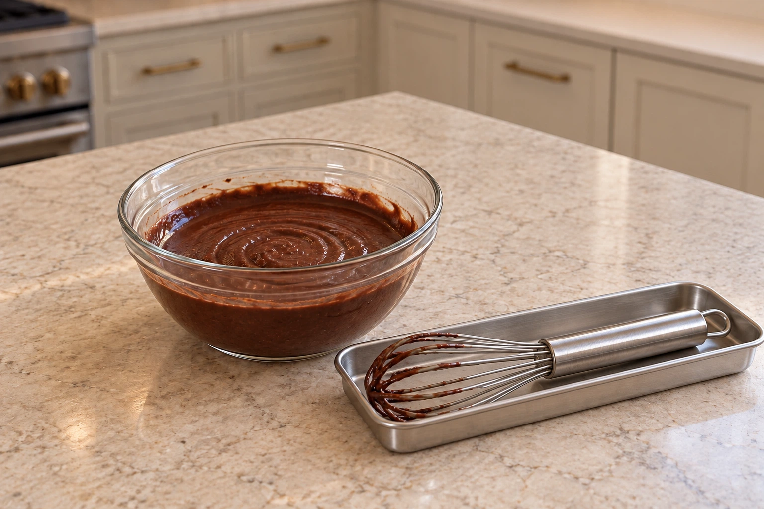 Smooth cocoa and boiling-water bloom cooling in a supported glass bowl beside a resting whisk