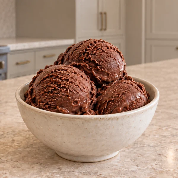 Four scoops of dark chocolate ice cream made with honey and homemade coconut milk in the WFLI kitchen