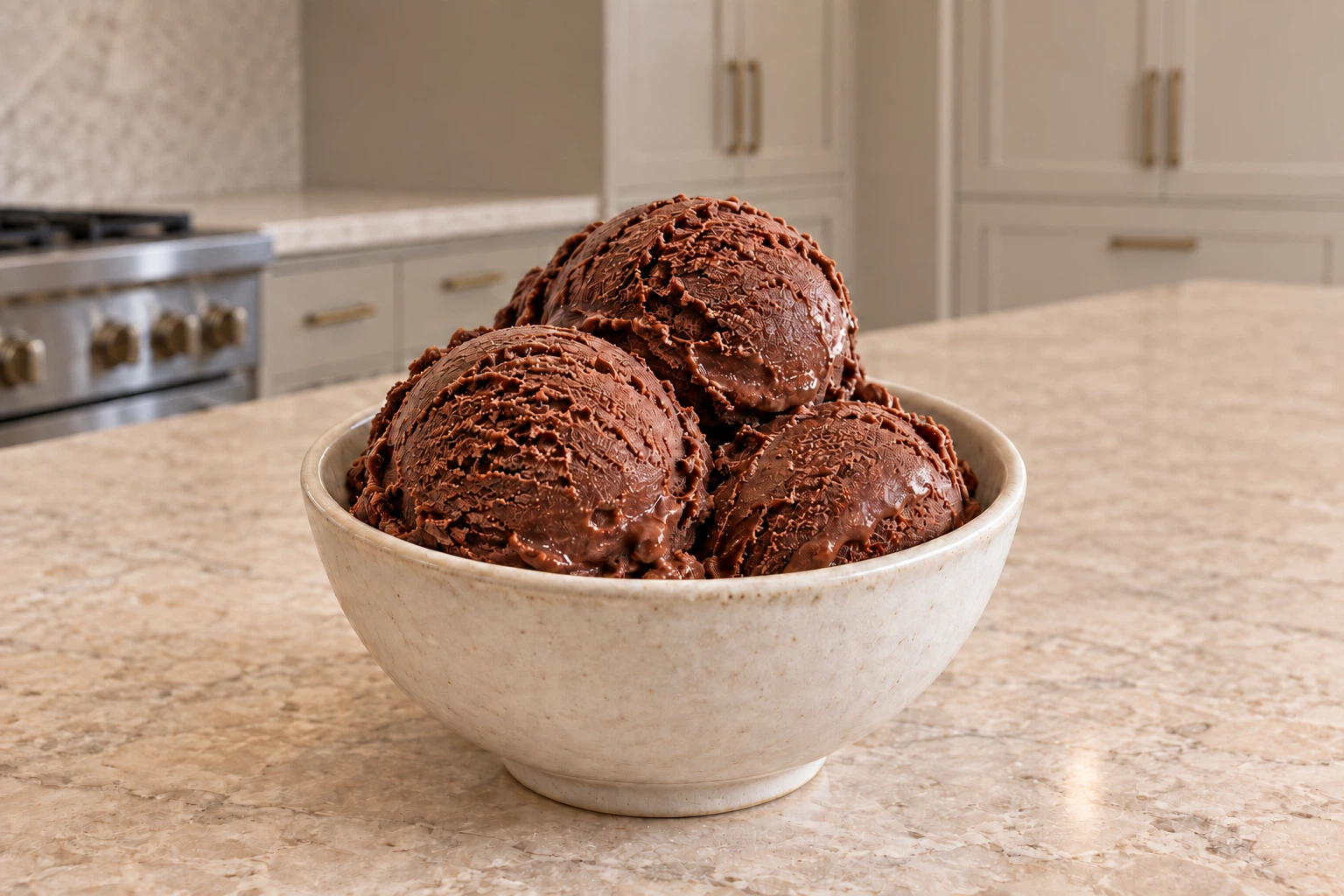 Four scoops of dark chocolate ice cream made with honey and homemade coconut milk in the WFLI kitchen