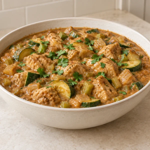 African chicken groundnut stew with peanut sauce, chicken thighs and zucchini in a cream bowl