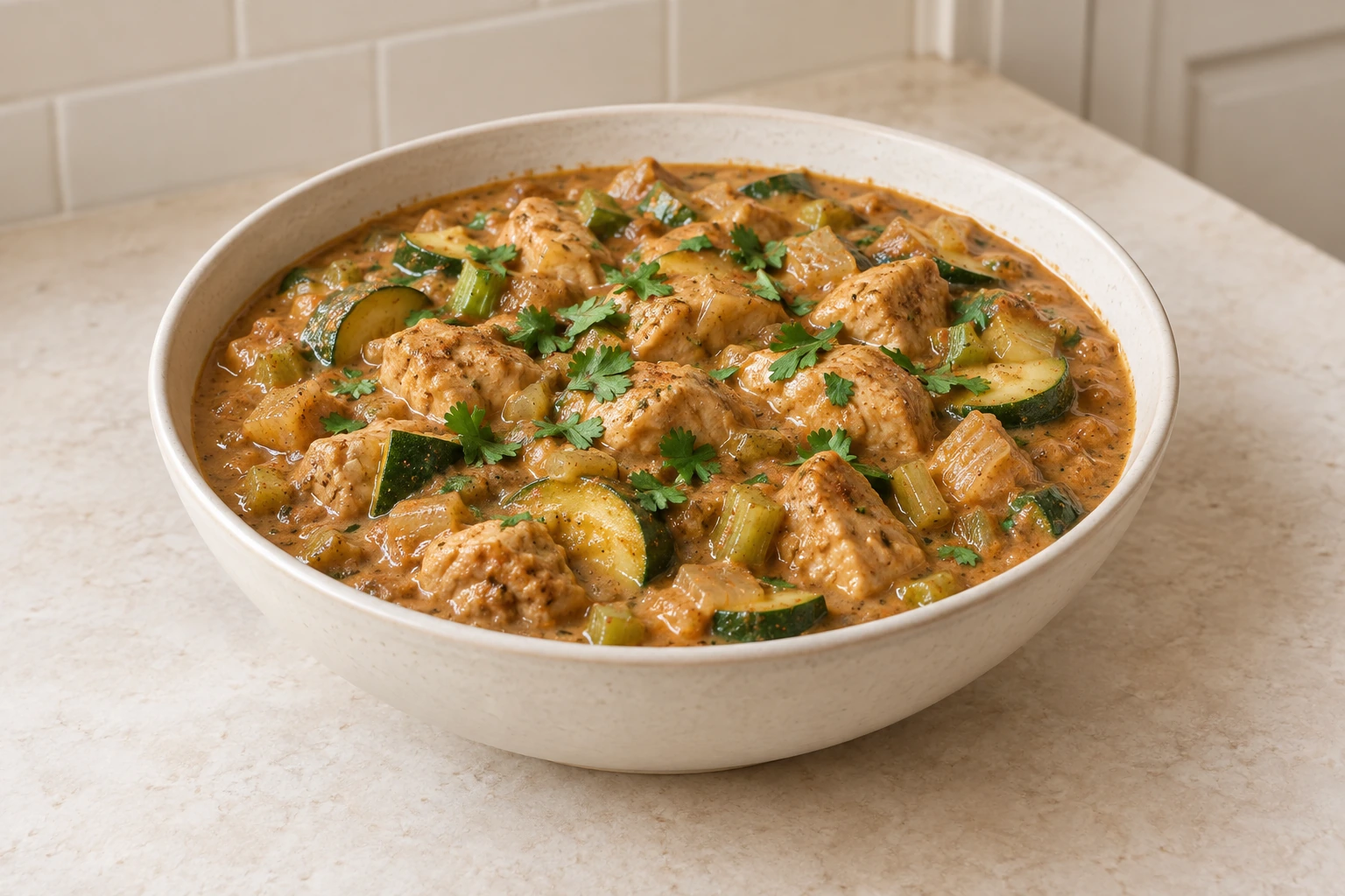 African chicken groundnut stew with peanut sauce, chicken thighs and zucchini in a cream bowl