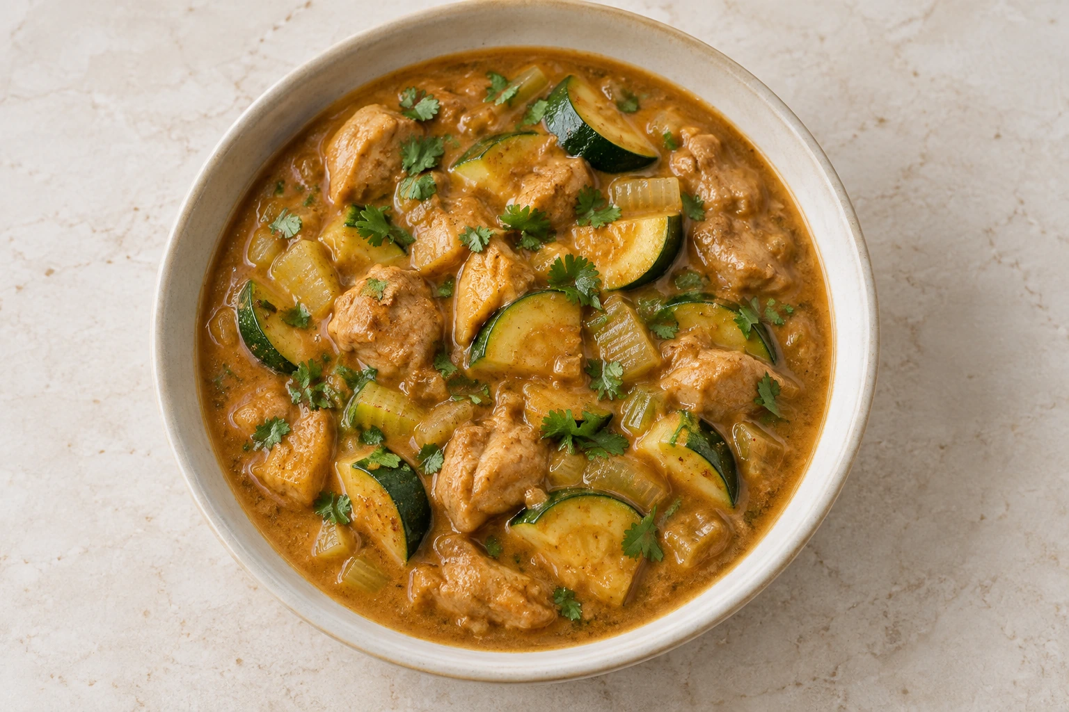 Overhead view of African chicken groundnut stew with chicken thighs and zucchini