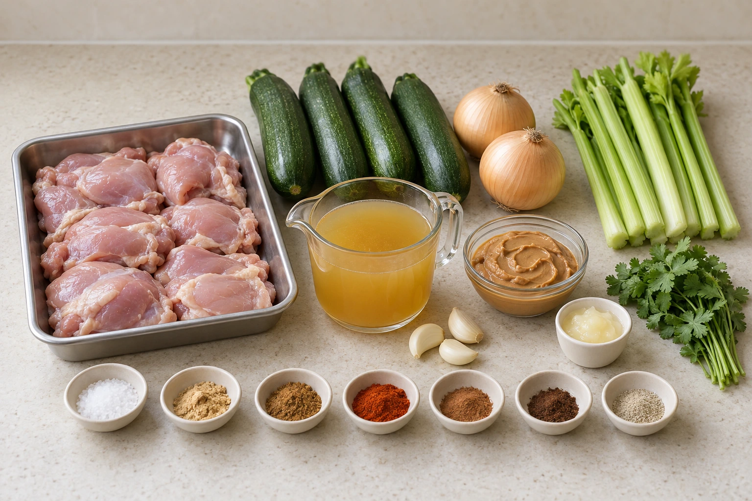 Measured peanut groundnut stew ingredients with chicken thighs, zucchini, stock and spices
