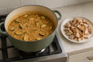 Peanut sauce and zucchini finishing beside chopped cooked chicken for groundnut stew