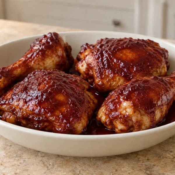 Nightshade-free carrot beet BBQ chicken in a cream serving dish