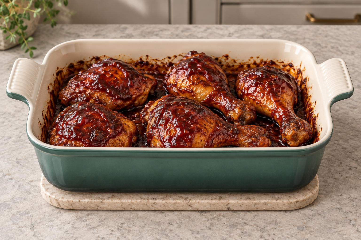 Nightshade-free BBQ chicken with a glossy final sauce coat in an Artichaut baking dish