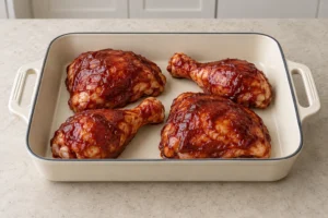 Four raw bone-in chicken pieces coated with nightshade-free sauce before baking