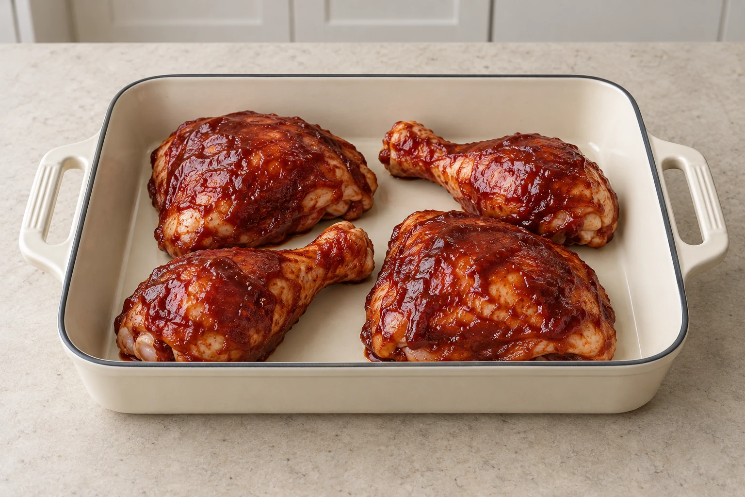 Raw chicken coated in nightshade-free BBQ sauce before baking