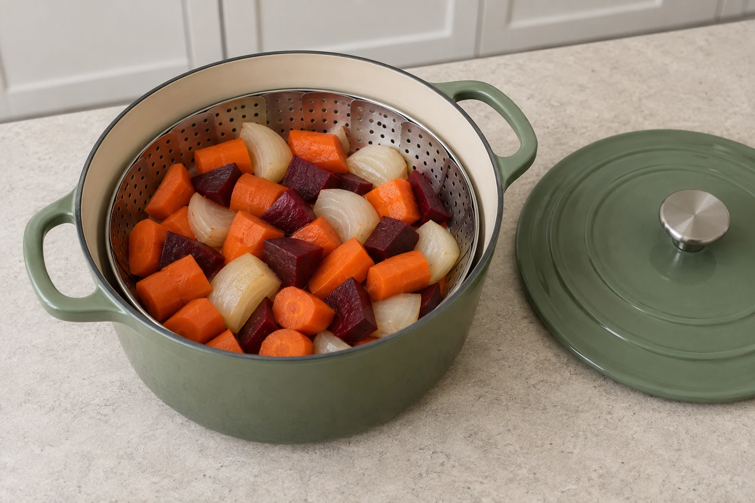 Carrots beet and onion steamed until knife-tender