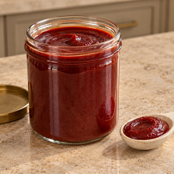 Glass jar of smooth nightshade-free carrot beet BBQ sauce for Full GAPS