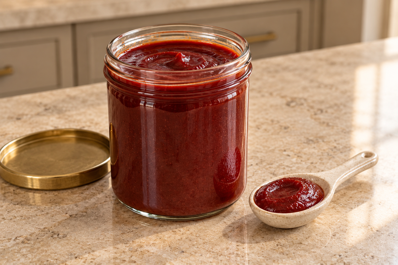 Glass jar of smooth nightshade-free carrot beet BBQ sauce for Full GAPS