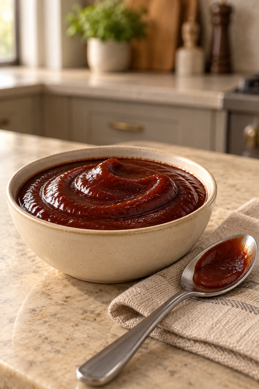 Smooth nightshade-free BBQ sauce in a ceramic bowl