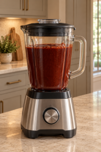 Smooth burgundy carrot beet BBQ sauce in a complete blender