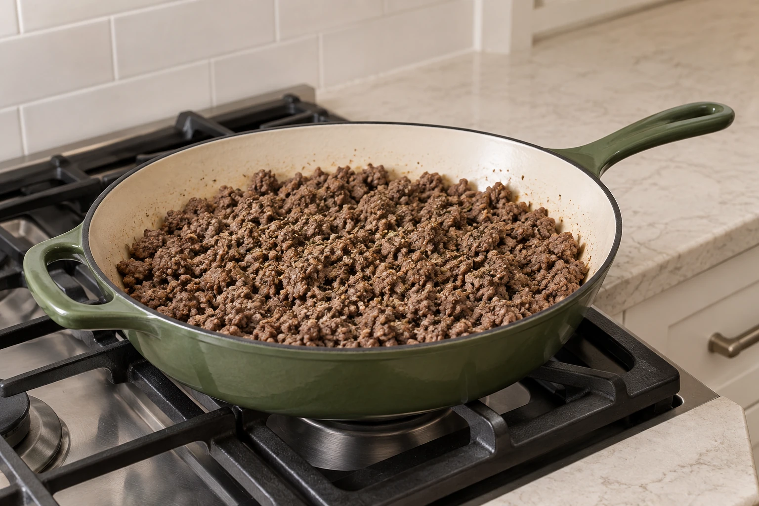 Cooked nightshade-free seasoned ground beef in an Artichaut skillet