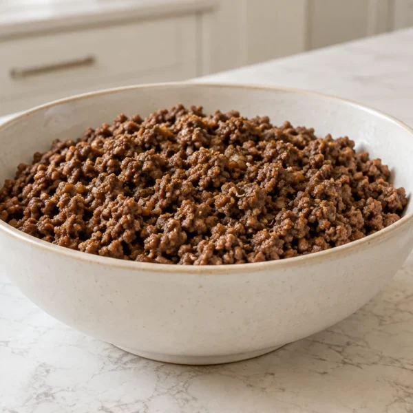 Nightshade-free Mexican ground beef in a cream ceramic bowl