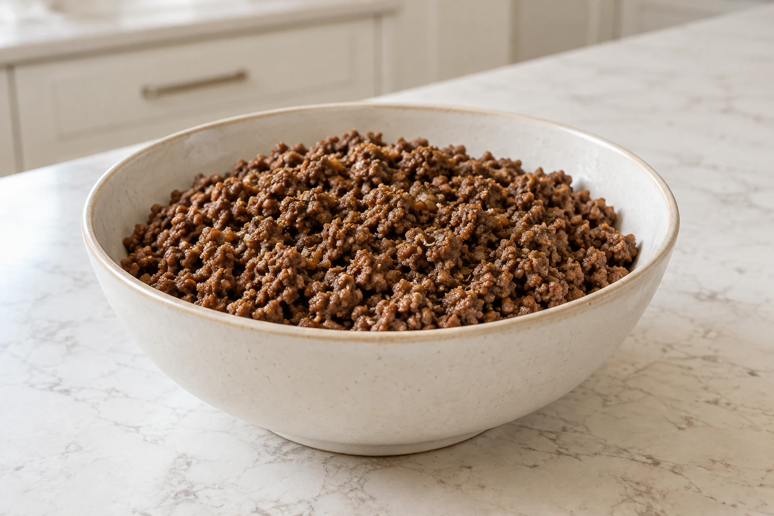 Nightshade-free Mexican ground beef in a cream ceramic bowl