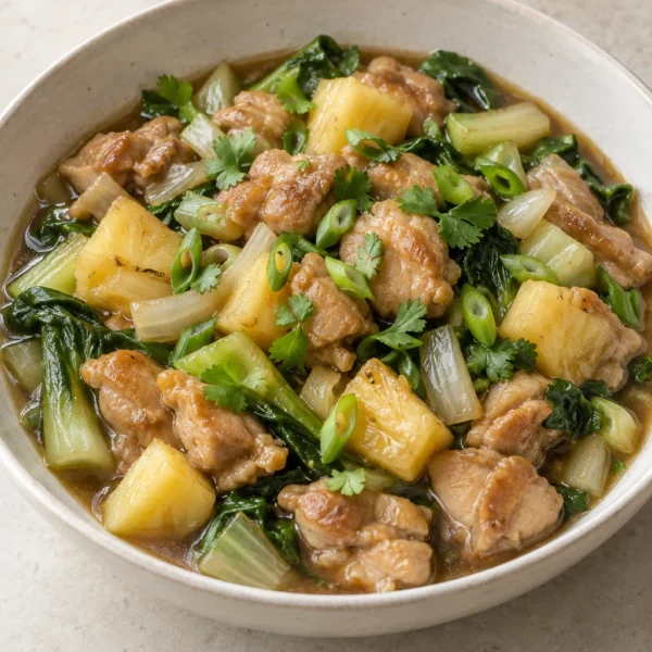 Pineapple date sweet and sour chicken with bok choy in a cream serving bowl