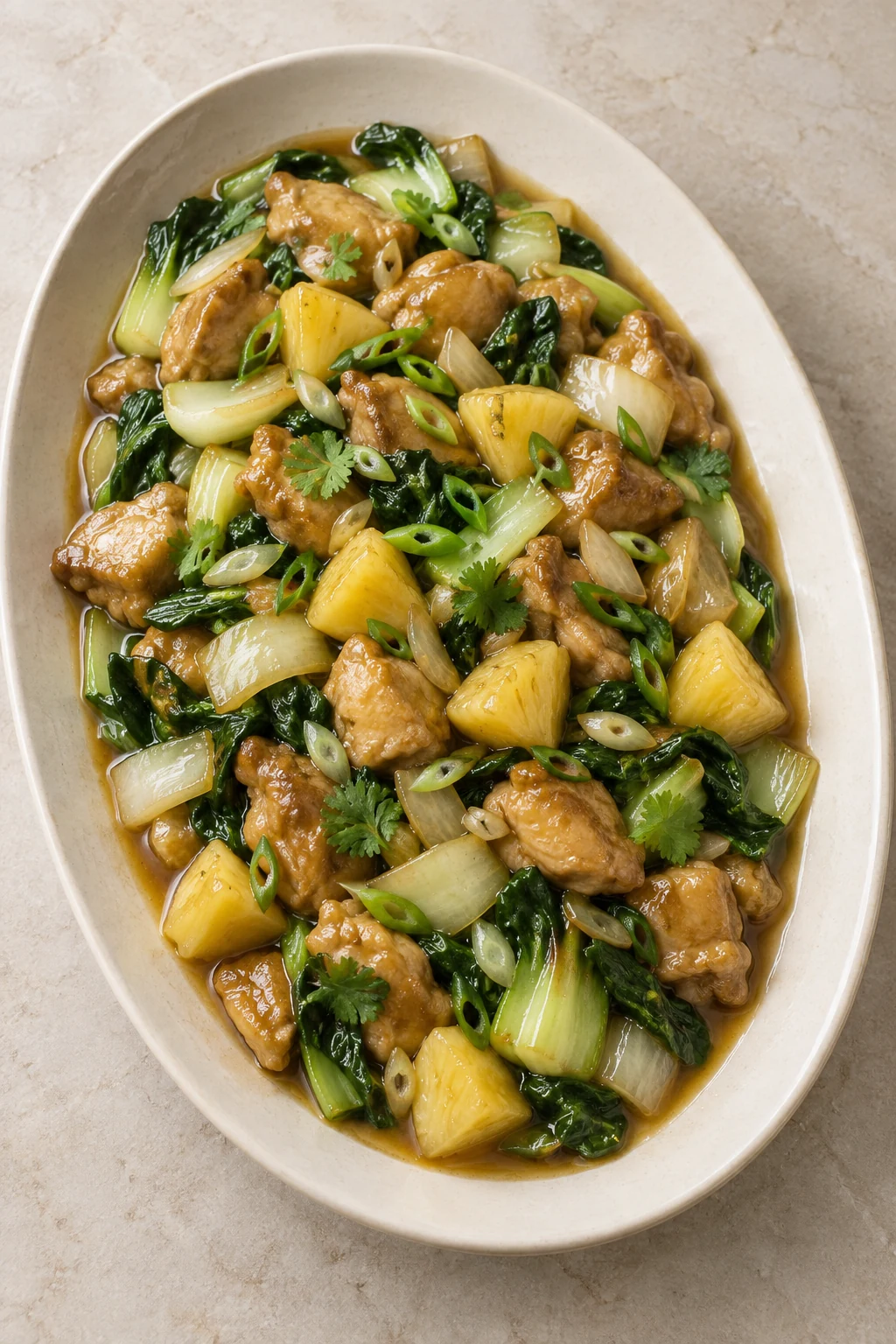 Pineapple date sweet and sour chicken on an oval platter from above