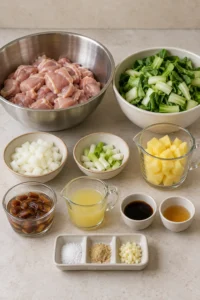 Chicken thighs bok choy pineapple dates and sauce ingredients measured for sweet and sour chicken
