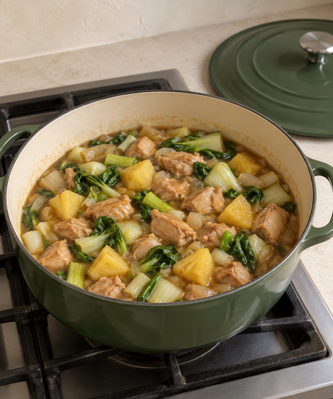 Pineapple date chicken and bok choy simmering in an Artichaut enameled braiser