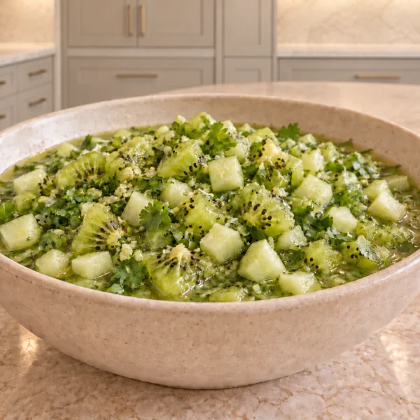 Chunky kiwi cucumber verde salsa in a cream ceramic bowl