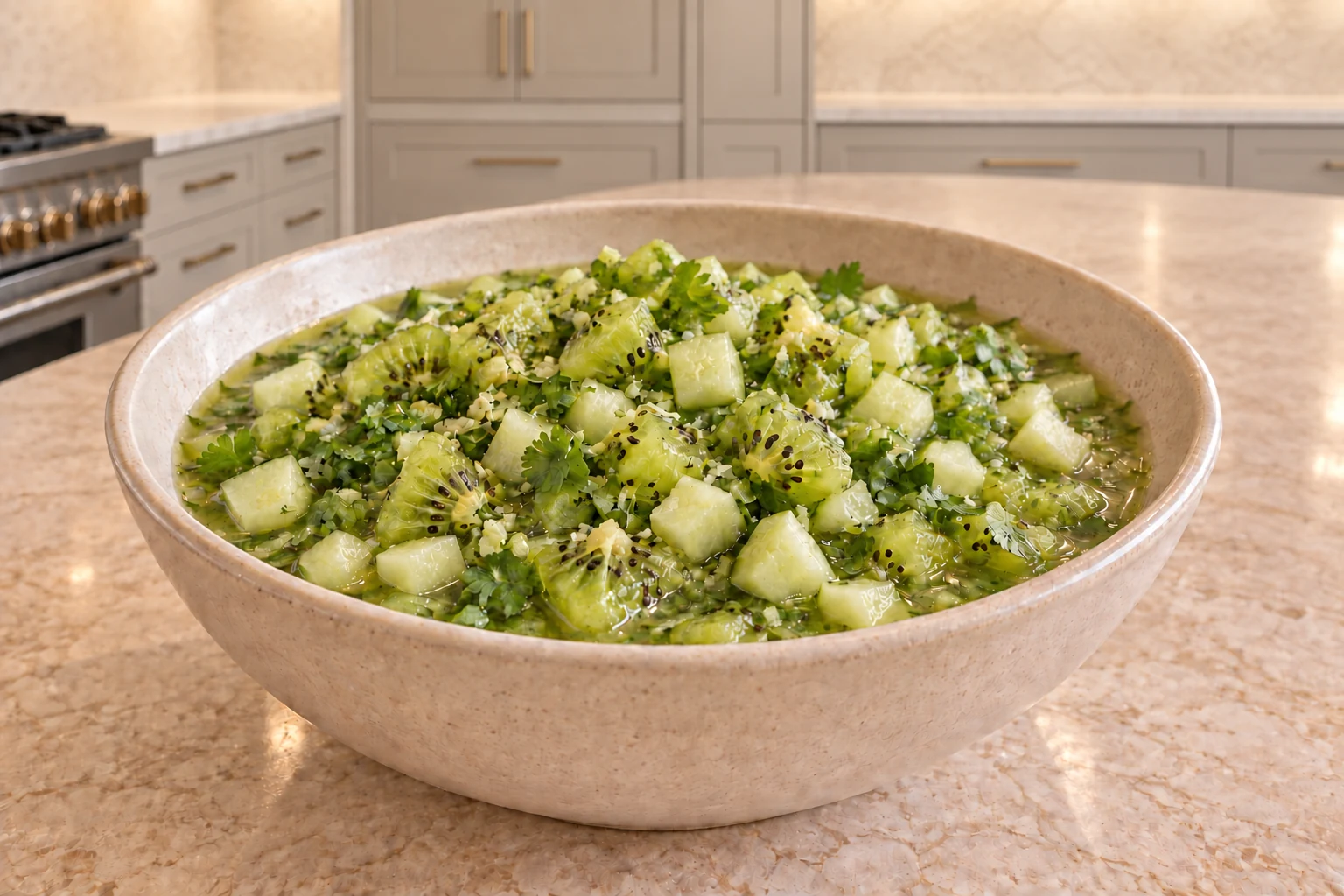 Chunky kiwi cucumber verde salsa in a cream ceramic bowl