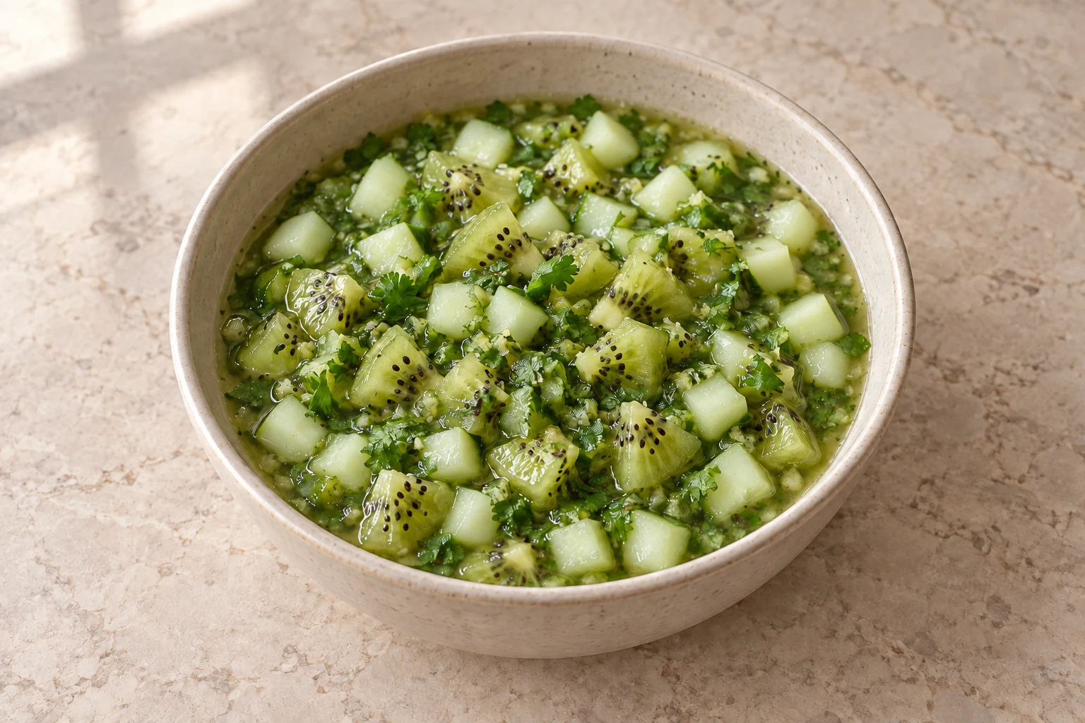 Overhead view of chunky kiwi cucumber verde salsa
