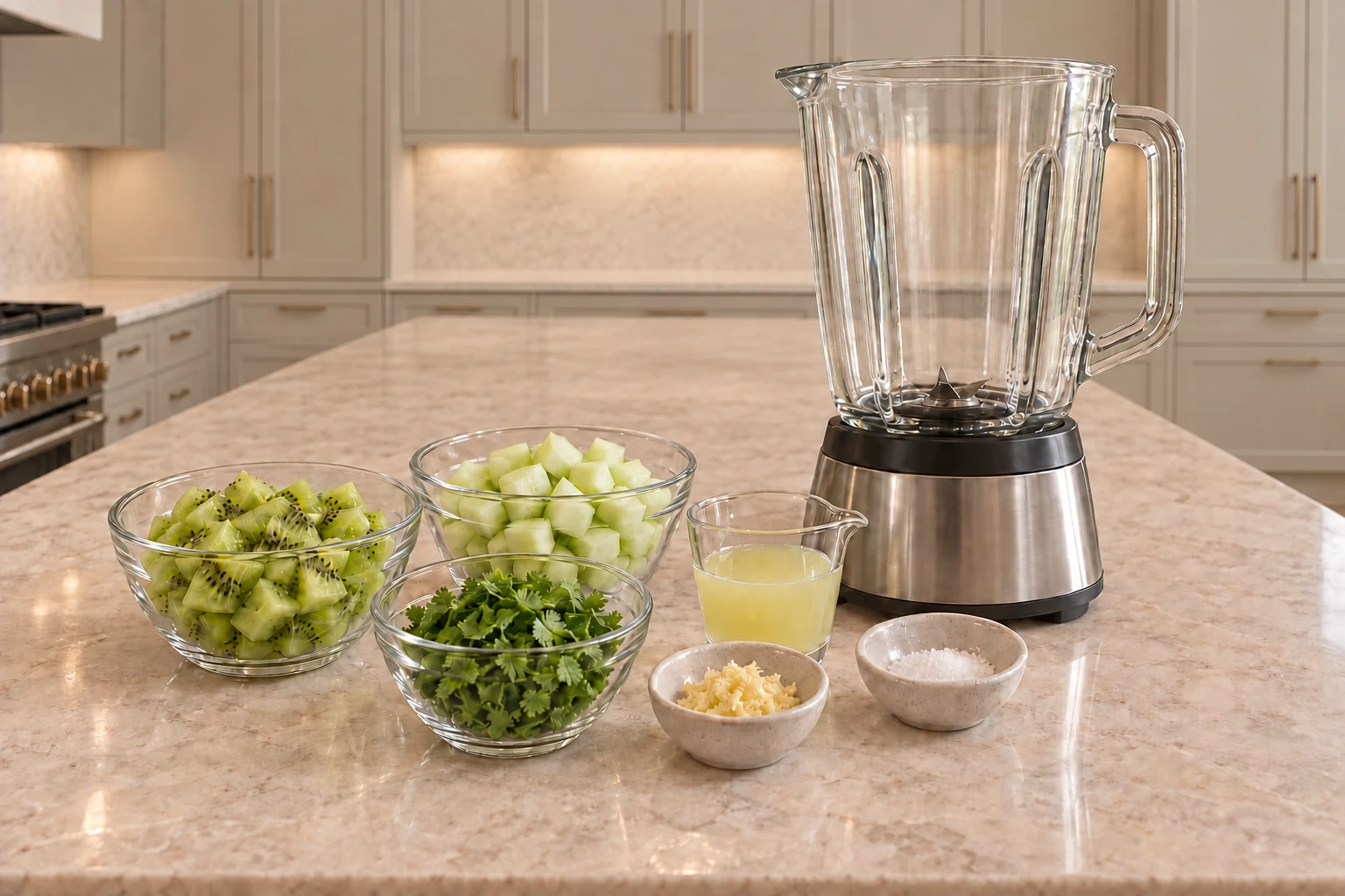 Measured kiwi peeled cucumber cilantro lime juice ginger and salt beside an empty blender