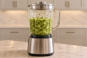 Chunky kiwi cucumber verde salsa resting in a lidded glass blender jar