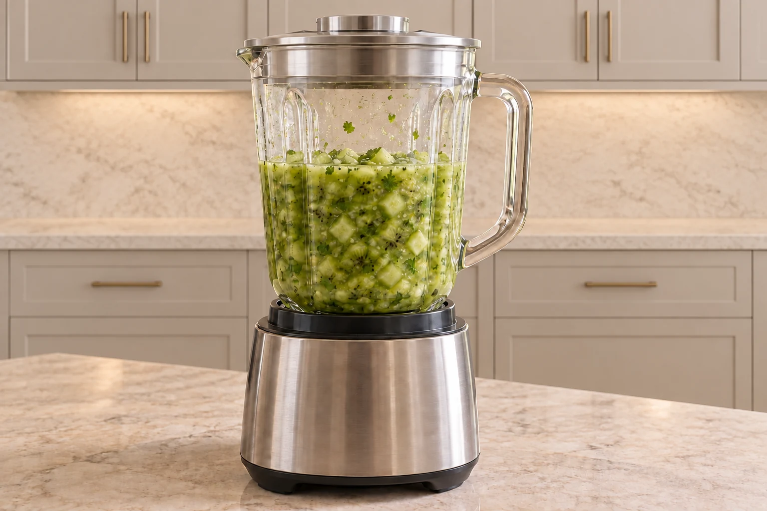 Chunky kiwi cucumber verde salsa resting in a lidded glass blender jar