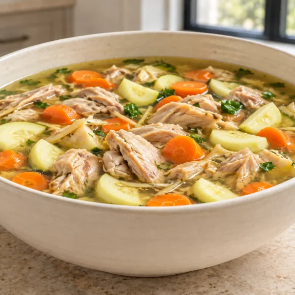 Large bowl of ginger chicken soup with carrots and peeled zucchini