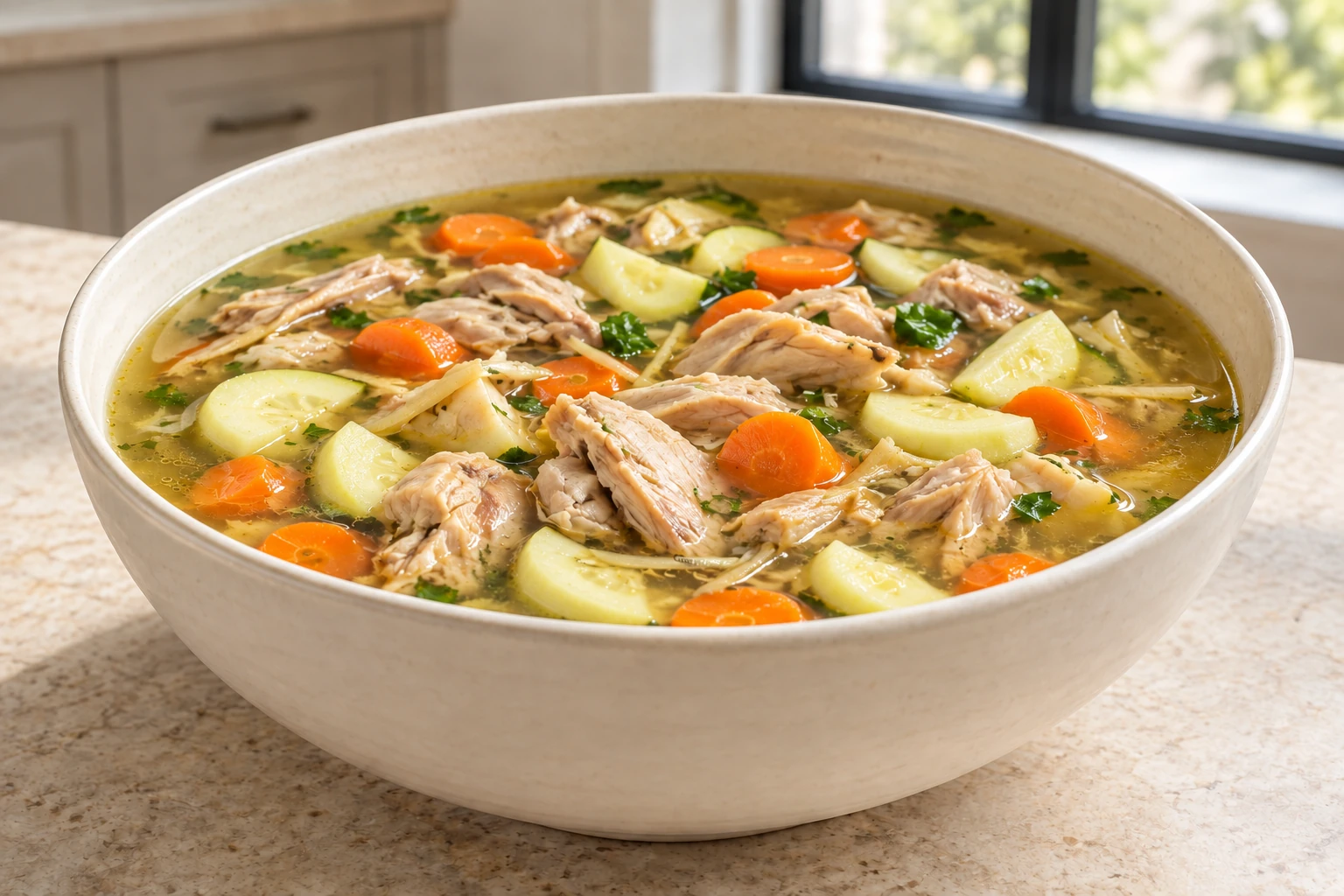 Large bowl of ginger chicken soup with carrots and peeled zucchini
