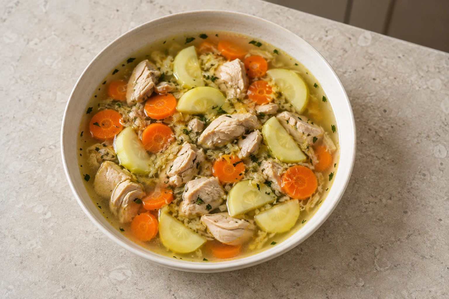 Near-overhead ginger chicken soup with carrots and peeled zucchini