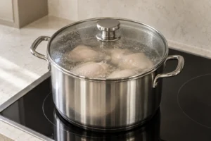Boneless chicken thighs gently poaching under a seated glass lid in a stainless pot