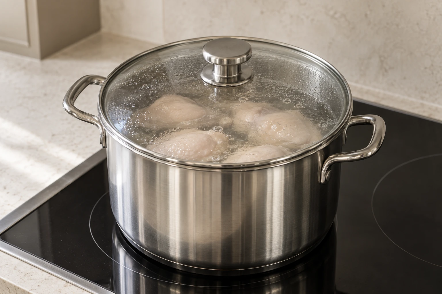 Boneless chicken thighs gently poaching under a seated glass lid in a stainless pot