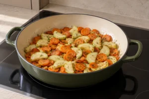 Carrots and peeled zucchini cooking in an Artichaut braiser