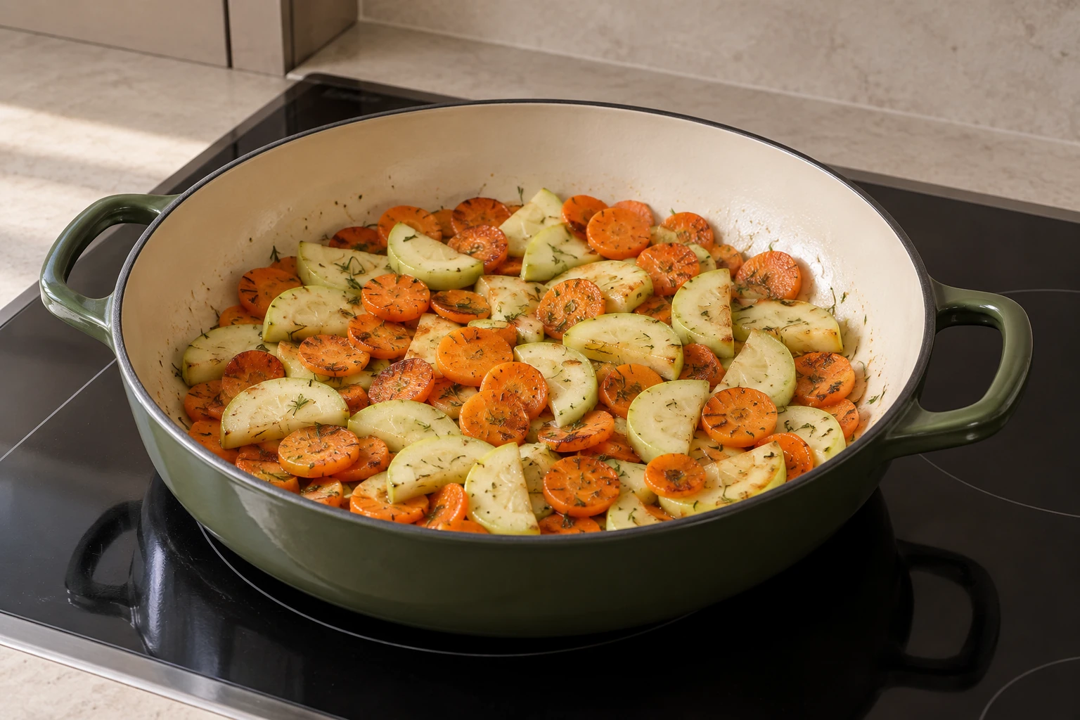 Carrots and peeled zucchini cooking in an Artichaut braiser