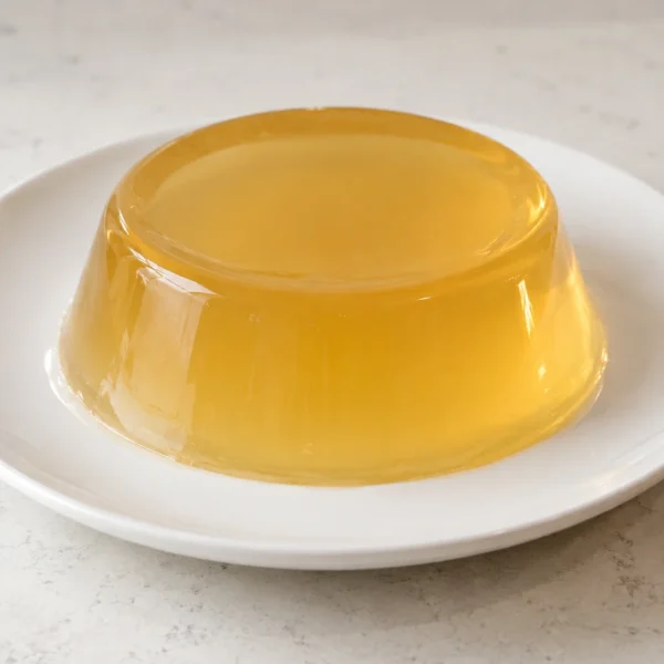 Whole pale-gold fresh apple juice gelatin on a white ceramic plate